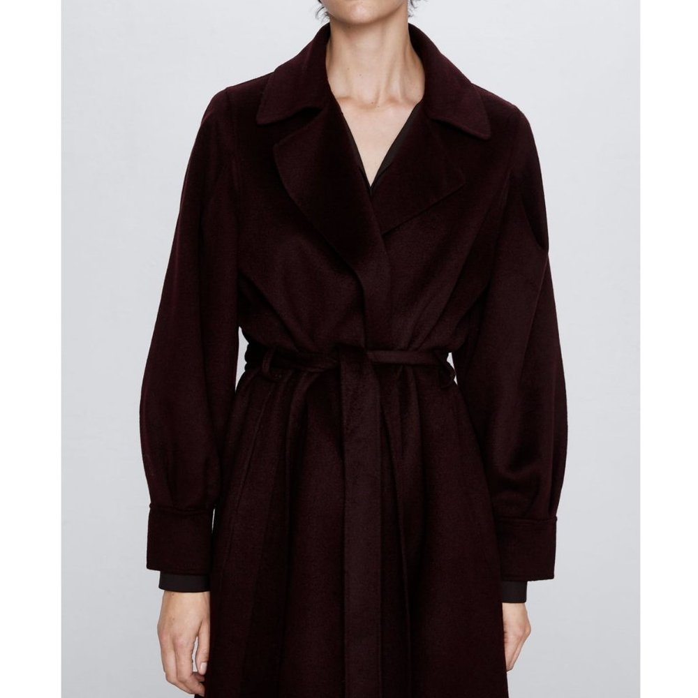 Zara Handmade Belted Wrap Wool Coat Wine - Picture 2 of 10